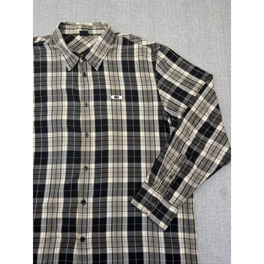 Vintage Oakley Plaid Button Down Shirt Men XXL Black Khaki Herringbone Flannel